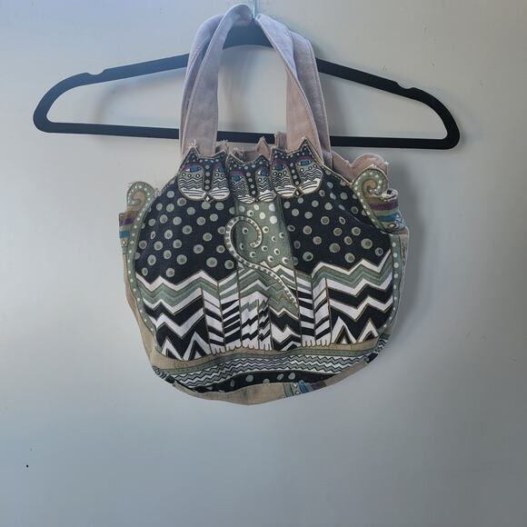 Laurel Burch 3 cat Canvas Tote shoulder Bag tan black white vintage 1990's Women - Picture 1 of 10